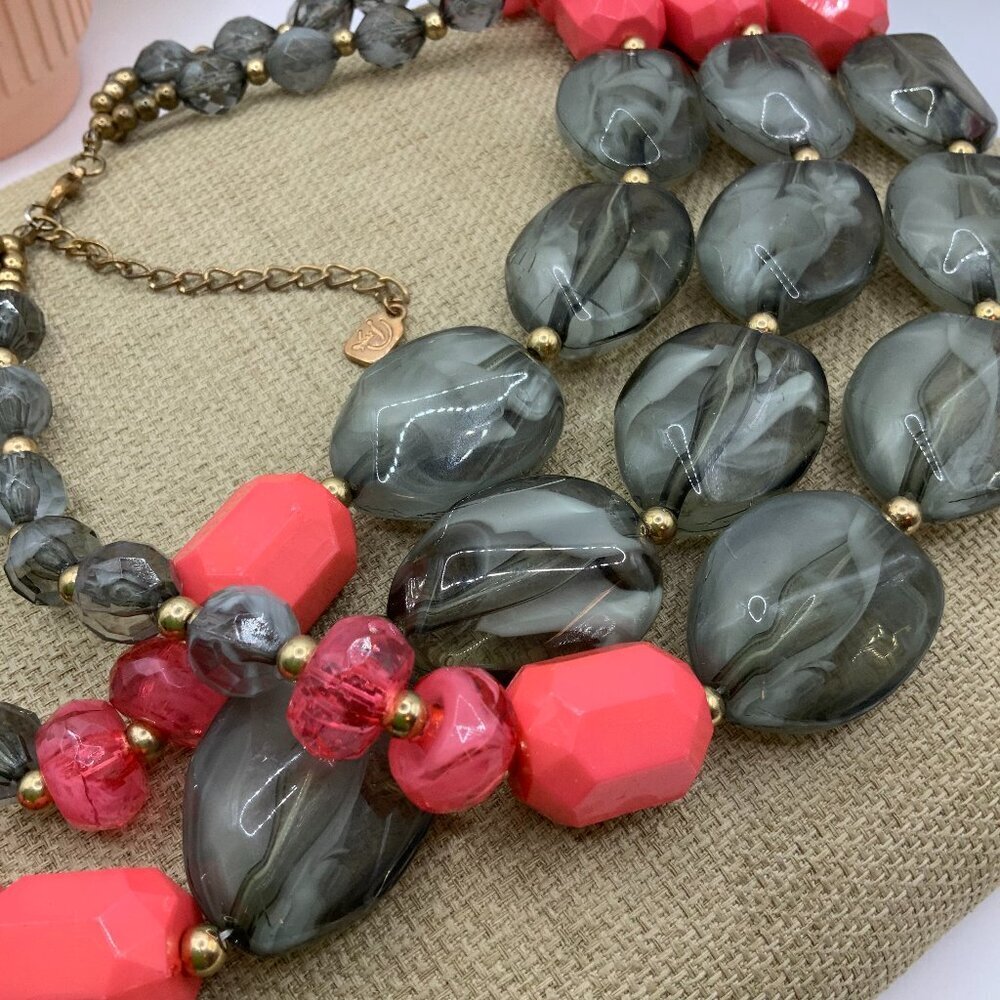 You and I Multi Strands Chunky Smokey Gray Coral Beaded Gold Tone Necklace